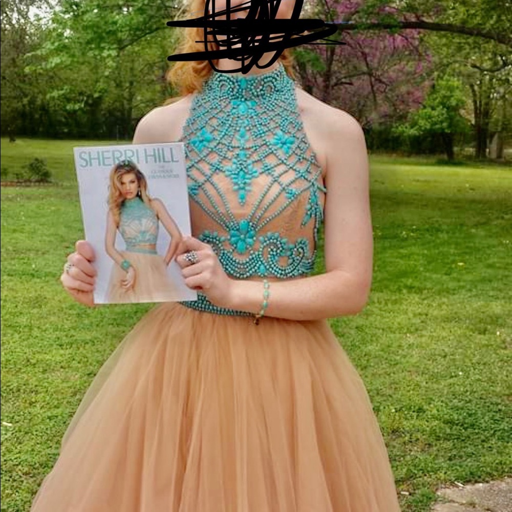 Sherri Hill gold and turquoise 2 piece prom dress, size 4